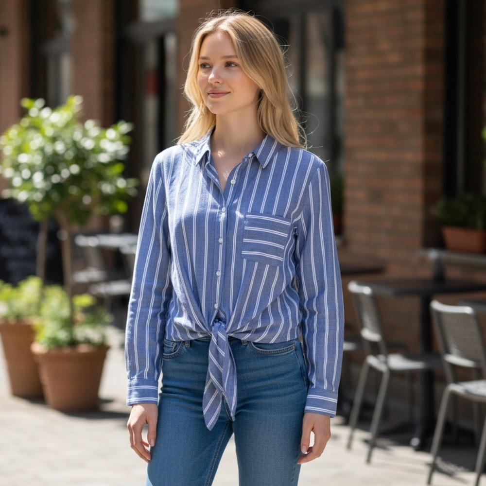 Ivanka Trump Blue Chambray Striped Button Down Tie Front Shirt Long Sleeve